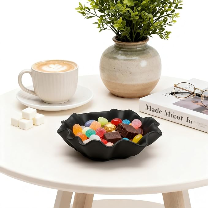 Small Black Ceramic Decorative Bowl, Modern Home Decor Centerpiece 7.8 Inches Key Jewelry Ruffle Fluted Scalloped Bowl with Wavy Edge