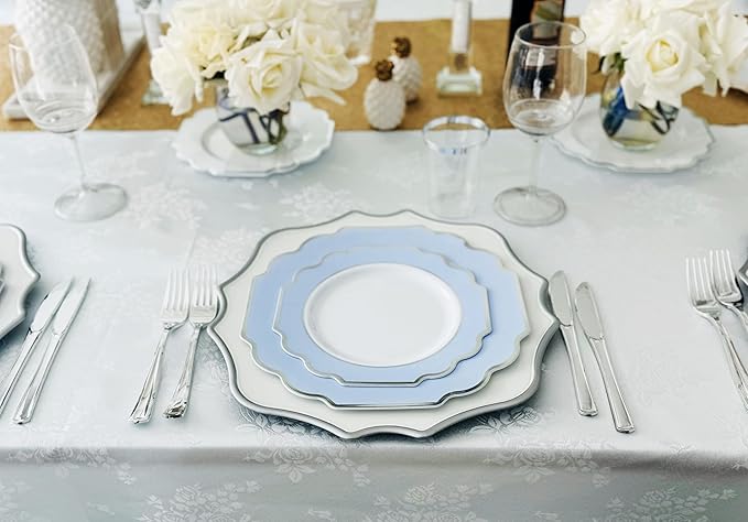 " OCCASIONS " 120 Plates Pack,(60 Guests) Heavyweight Premium Wedding Party Disposable Plastic Plates Set -60 x 10.5'' Dinner + 60 x 8'' Salad/Dessert (Imperial in White/Blue & Silver)