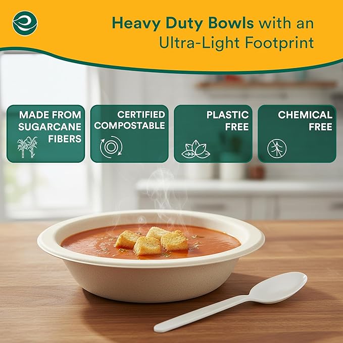 ECO SOUL 100% Compostable 16 Oz Soup Bowls [2 Packs of 100] Disposable Sturdy I Heavy Duty Paper I Eco-Friendly Salad Bowl I Biodegradable Large