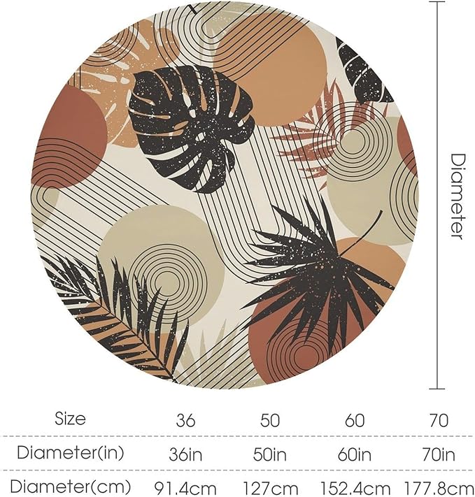 Boho Medieval Abstract Leaves Round Tablecloth, Mid Century Modern Bohemian Style Print Tablecloth for Home Party Dining Room Kitchen Decor 70Inch(178cm)