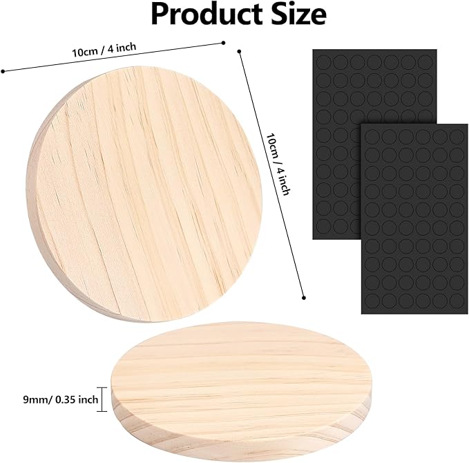 Adrattnay 64Pcs Unfinished Wood Coasters, 4" Round Wooden Coasters Tabletop Protection with Non-Slip Dot for Drinks, 9mm Blank Wood Coasters Bulk for Laser Engraving Painting Wood Burning Crafts