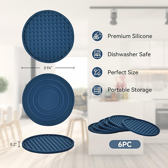 Coasters for Drinks, Silicone Coasters Set of 6 with Metal Holder, Outdoor Coaster for Coffee Table, Non-Slip Rubber Table Cup Mat Desk, Heat Resistant & Scratch-Proof (Navy Blue)