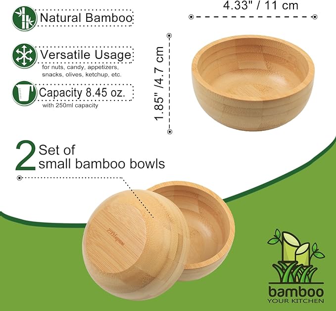 Soup Bowls Set of 2 for Dessert/Cereal/Pasta/Fruit | Natural Bamboo Serving Bowls for Nuts/Candy/Snacks/Pistachio | Charcuterie Accessories for Dipping/Condiments/Sauce | 8.45 oz Capacity