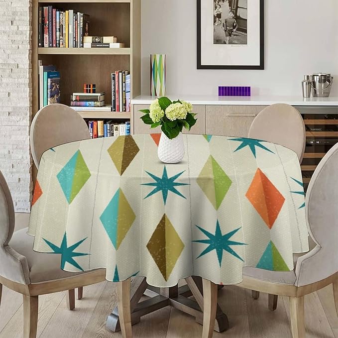 Mid Century Round Tablecloth, Modern Colorful Abstract Geometric Retro Art Printed Tablecloth for Home Party Dining Room Kitchen Decor 70Inch(178cm)