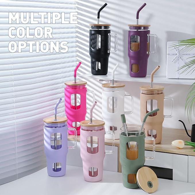 WINSA Glass Tumbler with Straw & Lid, 32 oz Glass Cup with Handle, Water Bottle - Image 7