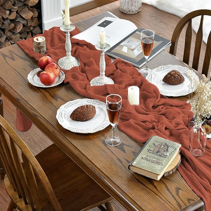 Artoid Mode Boho Cheesecloth Gauze Terracotta Wedding Table Runner, 120 Inch - Image 2