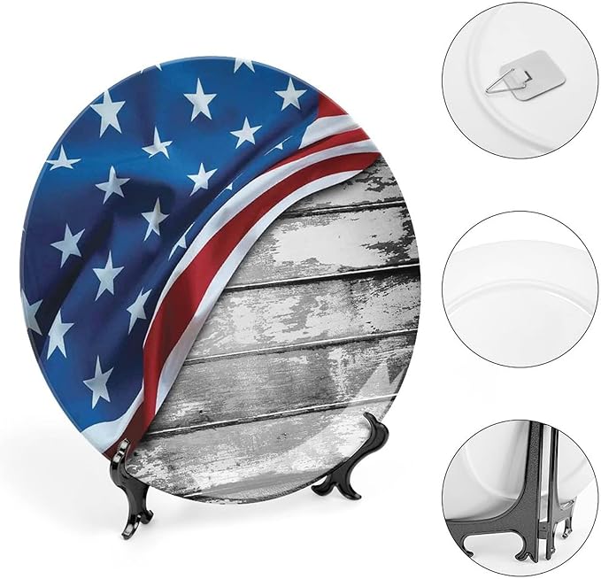 Ceramic Display Plate, American Flag Decor Ceramic Hanging Decorative Plate, Flag Over Antique Rustic Rippled Board, 6 Inch, Household Custom Ceramic Plate, Grey Navy