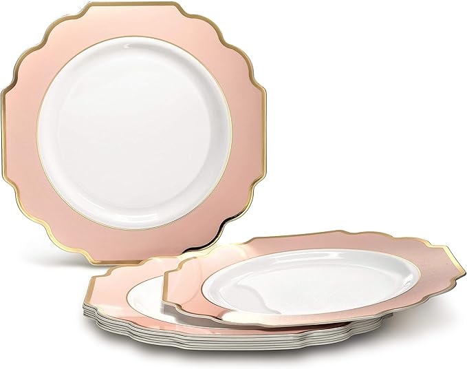 " OCCASIONS " 120 Plates Pack,(60 Guests) Heavyweight Premium Wedding Party Disposable Plastic Plates Set -60 x 10.5'' Dinner + 60 x 8'' Salad/Dessert(Imperial in Blush & Gold)