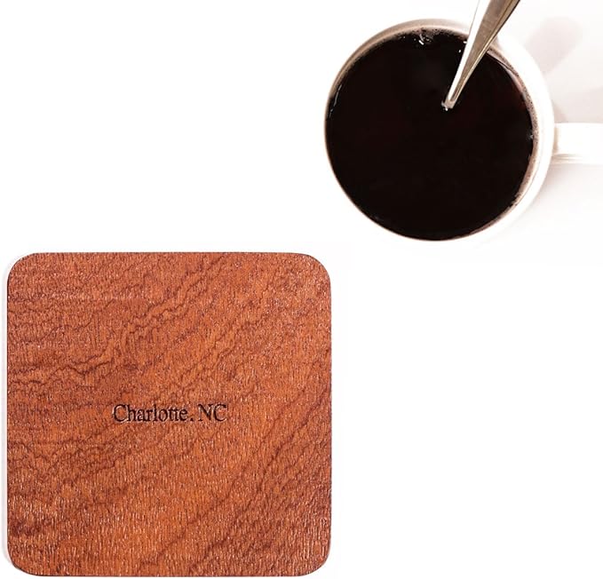 Charlotte, NC Map Coaster by O3 Design Studio, Set Of 4, Sapele Wooden Coaster With City Map, Handmade