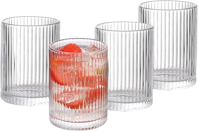 WHJY Ribbed Glassware Highball Glasses Unique Everyday Drinking Glasses Short Glasses Cups Set of 4 for Cocktail, Whiskey, Beer, Juice - 8.8oz 3.7"