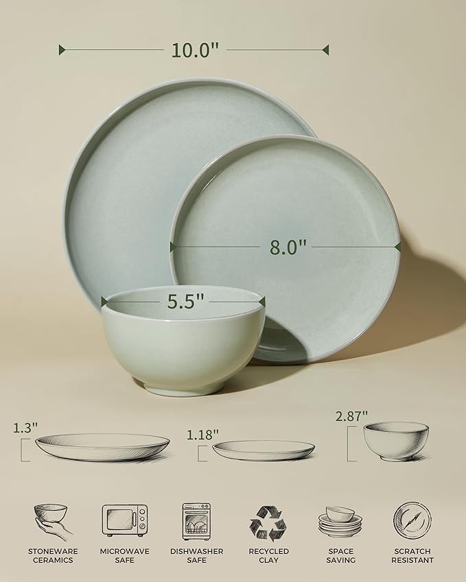 24 Piece Dinnerware Set for 8, Santorini Mist Terracotta Plates and Bowls Sets, Complete Stoneware Dish Set for Large Families and Entertaining, Microwave & Dishwasher Safe, Slate Green