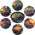 Car Print Coasters for Drinks with Holder Round Leather Coasters Set of 6 Cups Mugs Mat Pad for Home Kitchen Bar