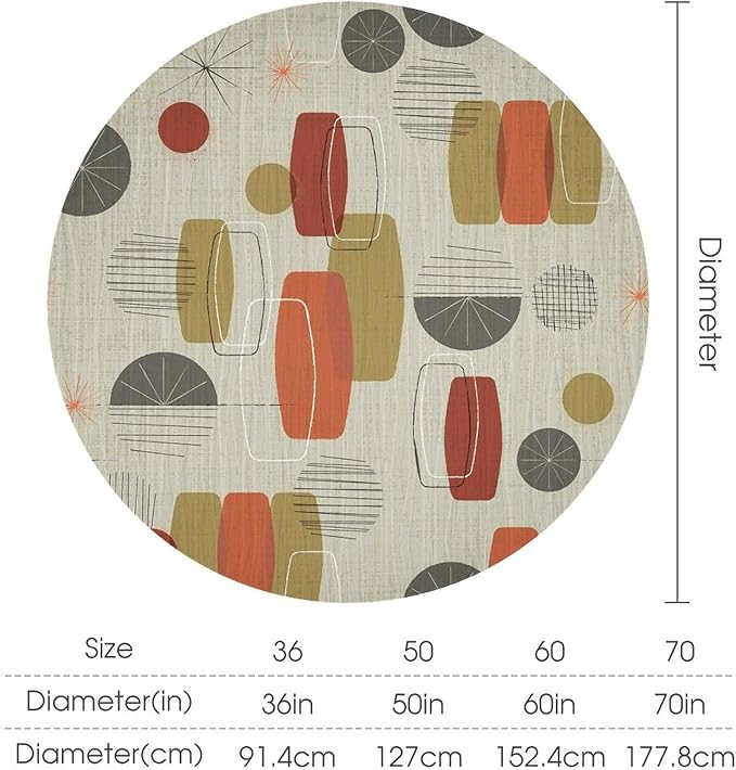 Retro Medieval Bohemian Round Tablecloth, Modern Mid Century Geometric Abstract Print Tablecloth for Home Party Dining Room Kitchen Decor 36Inch(90cm)