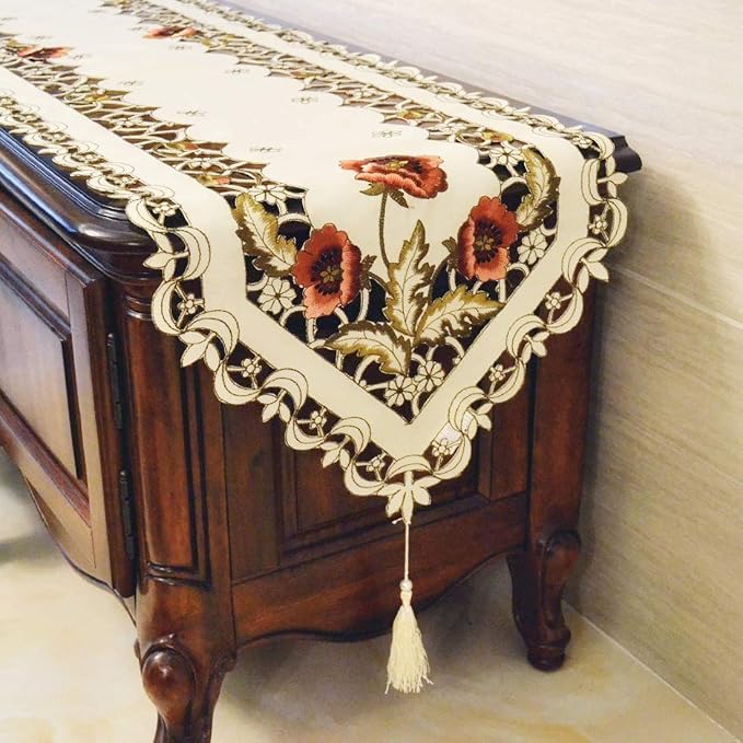 LeLehome Classic Flowers Embroidered Lace Table Runner 15" X 69" Long Satin - Image 5