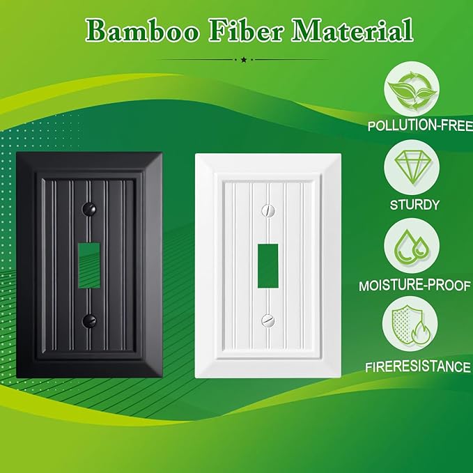Beadboard Outlet Covers Wall Plates, Bamboo Fiber Light Switch Covers, Natural Material Electric Receptacle Decorative Switch Plate Outlet Cover Matte Black (1 Gang Toggle 4 Pack)