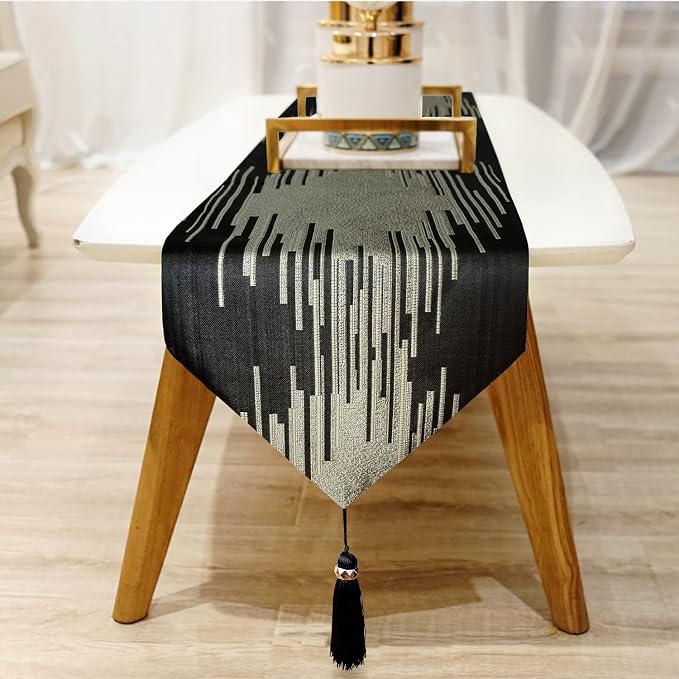 Modern Black Table Runner, Abstract Geometric, Tassel - Image 4