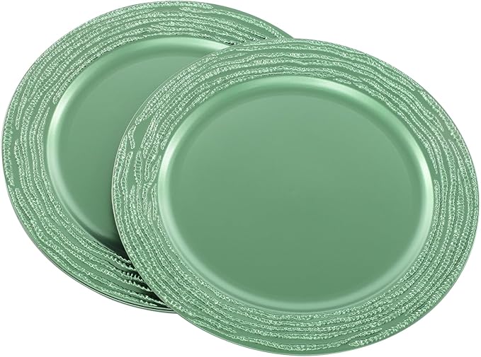 100 PCS Antique Charger Plates Bulk, 13 Inch Round Textured Edge Plastic Dinner Chargers, Bulk Plastic Charger Plates Set for Wedding, Party, Table Decor (Green)