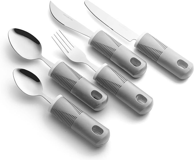 Special Supplies Adaptive Utensils (5-Piece Kitchen Set) Wide, Non-Weighted, Non-Slip Handles for Hand Tremors, Arthritis, Parkinson’s or Elderly Use - Stainless Steel (Grey)