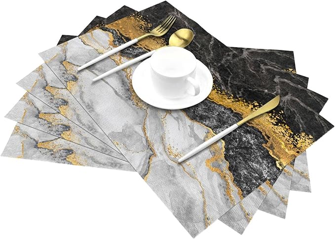 Black Gold Marble Placemats Set of 4 Linen Washable Non-Slip Heat-Resistant Gold and Black Grey Kitchen Table Mats for Dining Outdoor Party Home Decor 12x18 Inch Decorative Place Mats