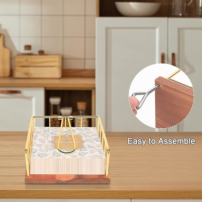 Livabber Flat Napkin Holder, Metal Kitchen Napkin Storage with Weighted Tension Arm Rustic Tissue Paper Dispenser for Countertop, Table Kitchen, Dining Room (With Wooden Base, Gold)