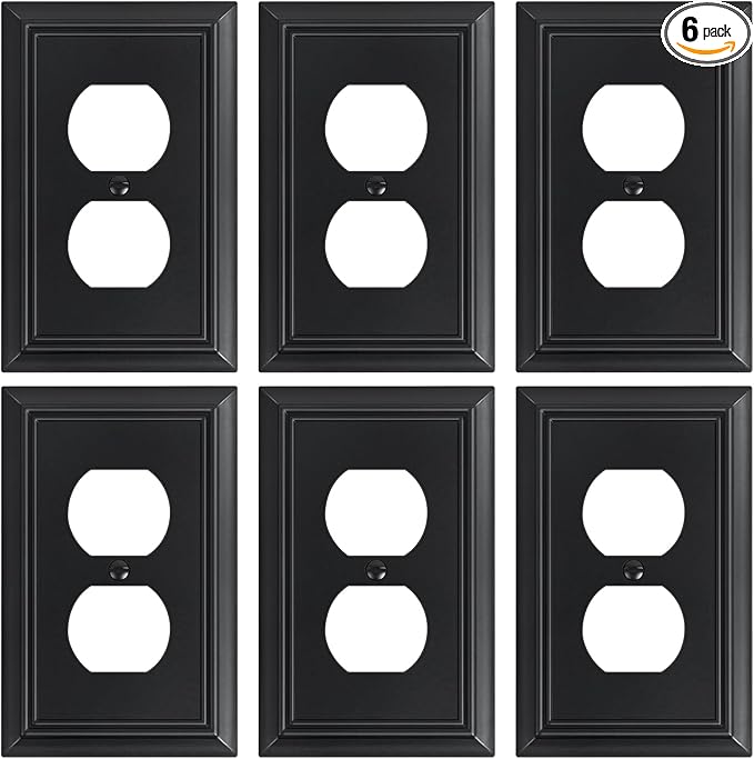6-Pack Duplex Outlet Cover Plate, Decorative Matte Black Switch Plates and Outlet Covers, Natural Bamboo Fiber Wall Plates for Electrical Outlets, 1 Gang Receptacle Cover, Corrosion Resistant