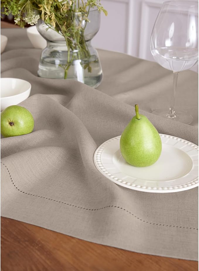 Solino Home Linen Tablecloth for Rectangle Tables 60 x 132 Inch - Classic Hemstitch 100% Pure Linen Natural Table Cloth - Machine Washable Cloth Tablecloth for Spring, Easter
