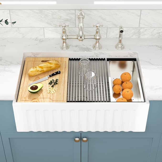 Sarlai 30 White Farmhouse Kitchen Sink - 30x20 Inch Farm Kitchen Sink Reversible Design Ledge Workstation White Ceramic Porcelain Fireclay Farmer Sinks 10" Inch Deep Single Bowl Basin