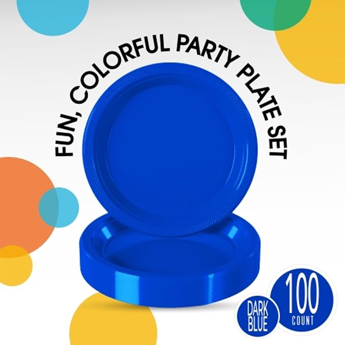 Dark Blue Plastic Plates For Party 9" Dark Blue Disposable Plates Heavy Duty 100 Pcs Plastic Dinnerware Sets Heavy Duty 350 GSM Disposable Dinnerware Set