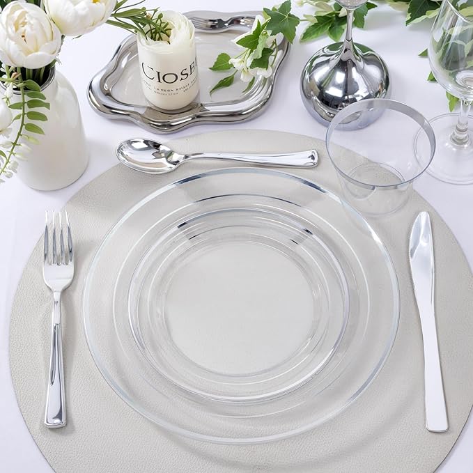 I00000 100PCS Clear Silver Plastic Plates, Clear Plates with Silver Rim, 10 Inch Dinner Plates Premium Party Supply for Wedding Birthdays Party
