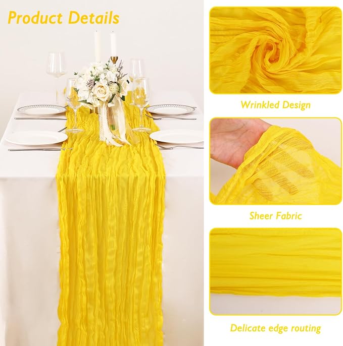 3 Pack Yellow Cheesecloth Table Runner 120 Inch Boho Wedding Decor | - Image 3
