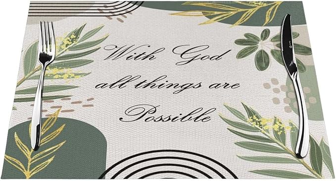 Bible Verse Christain Placemats Sage Green Boho Modern Scripture Inspirational Quotes Motivational Bohemian Washable Place Mats 12x18Inch for Dining Kitchen Farmhouse Decor 6 PCS