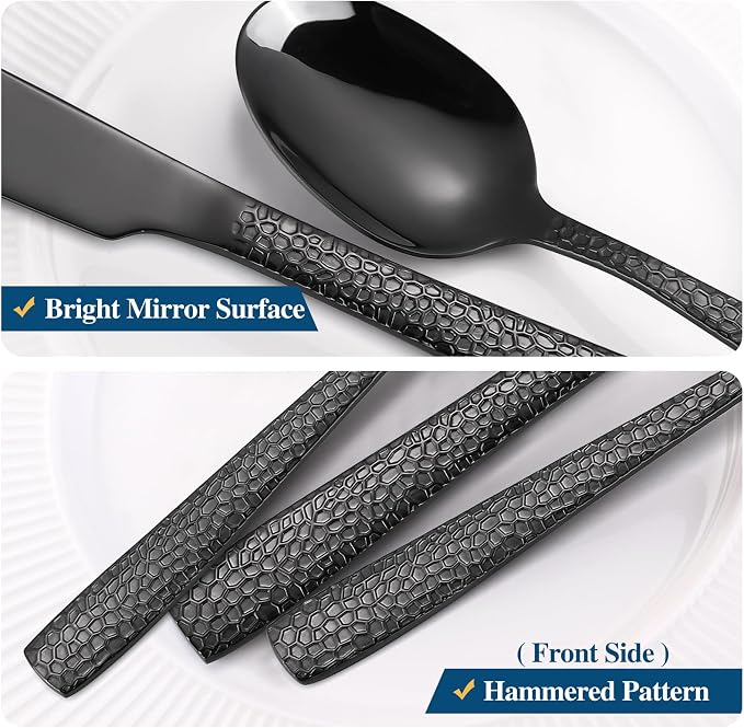 20 Piece Black Modern Flatware Set Hammered Silverware Set Stainless Steel Fine - Image 3