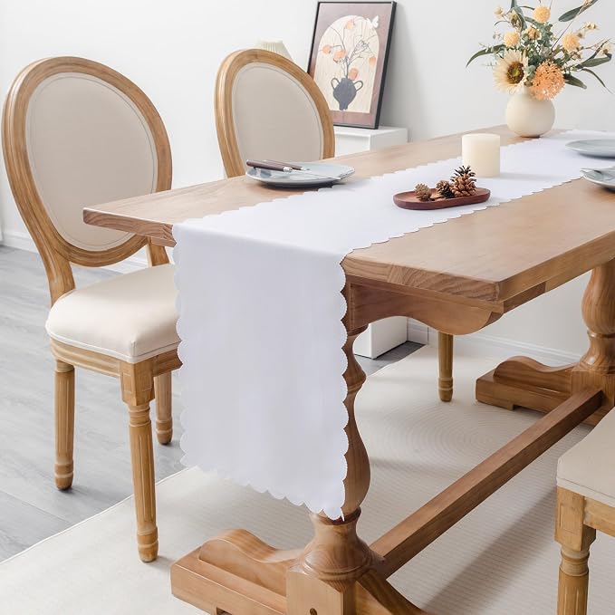 Solid White Farmhouse Scalloped Table Runner 13 x 72 Inchs | Washable Polyester - Image 2