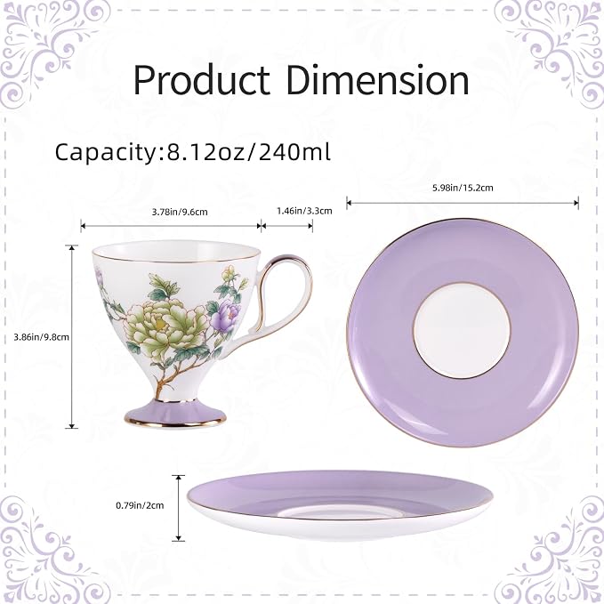 KAMMAK Ceramic Coffee Cups Saucers Set of 2, Porcelain Espresso Cups - Image 2