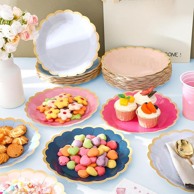 96 Pcs Pink Rose Navy Blue Paper Plates 9 Inch Gradient Scalloped Paper Plates Disposable Dinner Dessert for Birthday Wedding Bridal Party Supplies, 6 Colors
