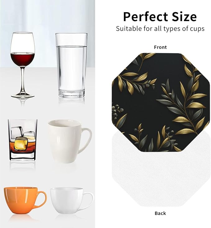 4Pcs Leather Coaster for Drinks Golden Olive Branch Cup Coasters Aesthetic - Image 3