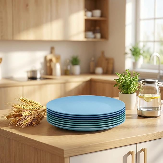 10 inch Wheat Straw Plates, Unbreakable Flat Dinner Plate Set of 8, BPA Free Dishwasher & Microwave Safe Reusable Salad Camping for Kids Kitchen (4 Color)