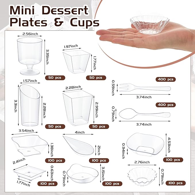 Tessco for you 1600 Pcs Mini Appetizer Plates Dessert Cups with Spoons Forks Set Assorted Shape Plastic Parfait Cups Dessert Plates Container Bowls with Disposable Spoon Fork for Party (Clear)