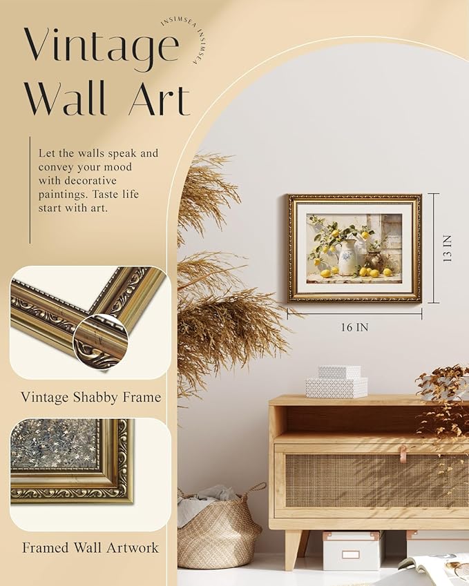 InSimSea Gold Framed Wall Art, Yellow Lemon Vintage Kitchen Wall Shelf Decor, Still Life Canvas Print Art, Dining Room Home Farmhouse Decor, Antique Paintings with Picture Frame 13x16inch