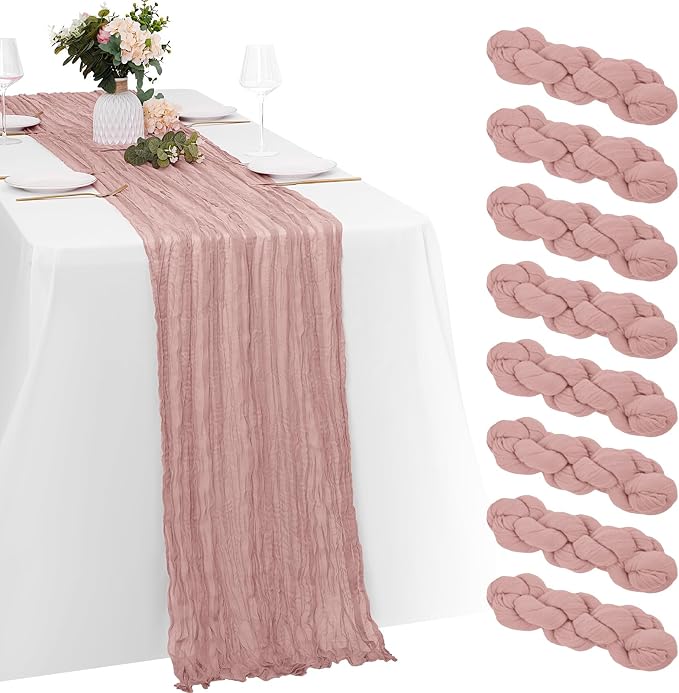 8 Pack Dusty Pink Cheesecloth Table Runners 20x120 Inch Gauze Table Runner by Yorcari