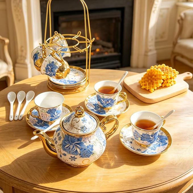 CHANJOON Gold Plated Red Rose Ceramic Tea Set, Vintage Tea Sets - Image 6