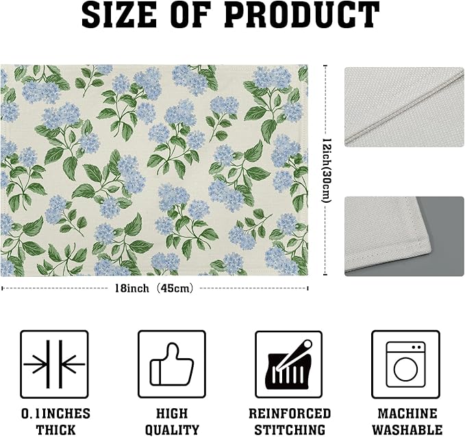 Hydrangea Placemats Set of 4 - Spring Summer Place Mats 12x18 Blue Floral Table Mats Flower Kitchen Mats for Party Dining Table