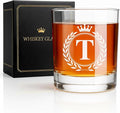 Whiskey Glasses - Rocks Old Fashioned Glass Gifts for Men, Monogrammed A-Z 10oz Personalized Whisky Glasses, Christmas Birthday Gifts for Men Him Dad Father Husband Brother Son (T)