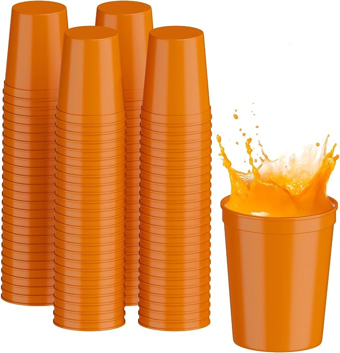 PartyPrints 100 Pack 16 oz Orange Reusable Blank Plastic Cups, Stadium Cups by PartyPrints