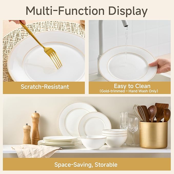 12Pcs Gold Trim White Bone China Set, Service - Image 7