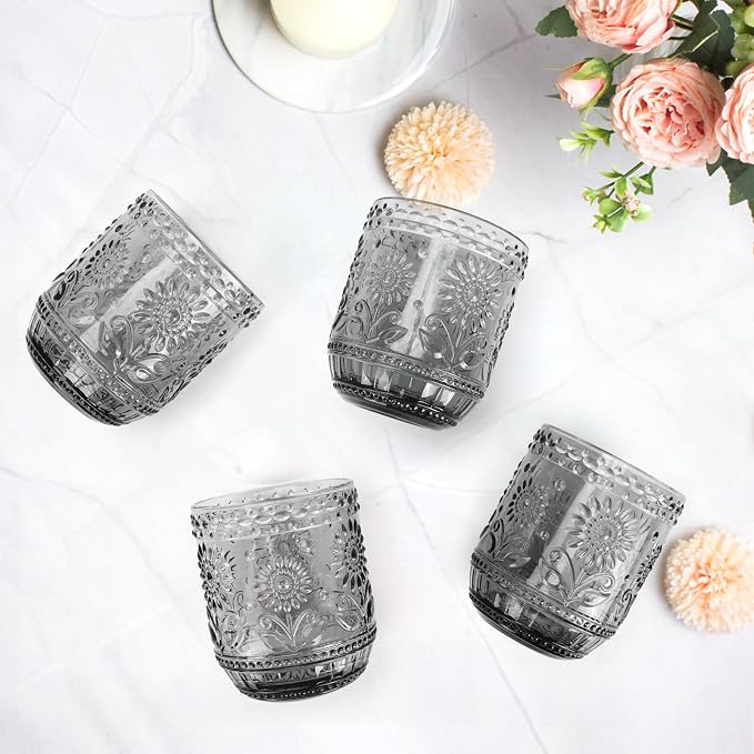 Topsky Vintage Drinking Glass Set of 4, 12 oz Embossed Floral Drinkware Set - Image 7