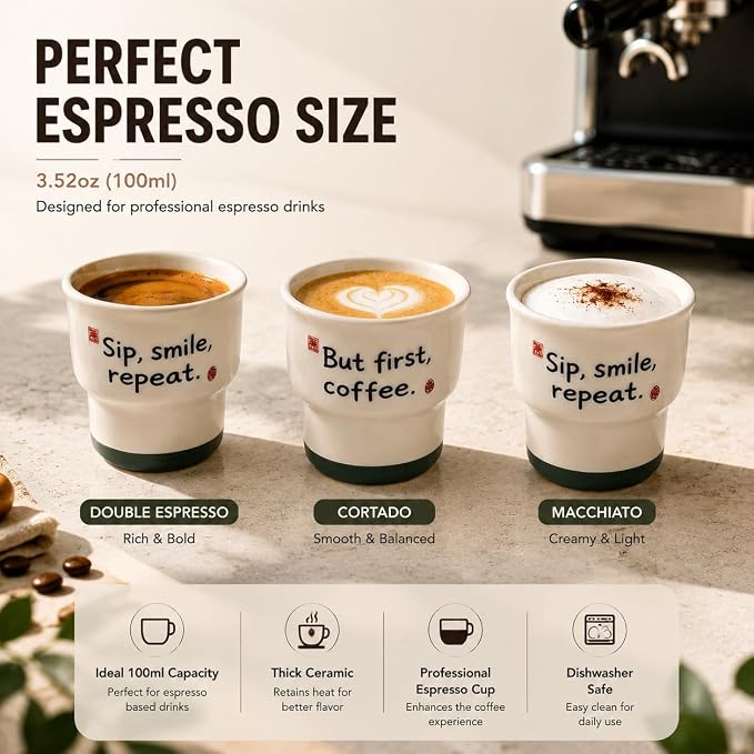 Ceramic Espresso Cups Set of 2, 3.52 OZ Handleless Demitasse Cups, Stackable - Image 2