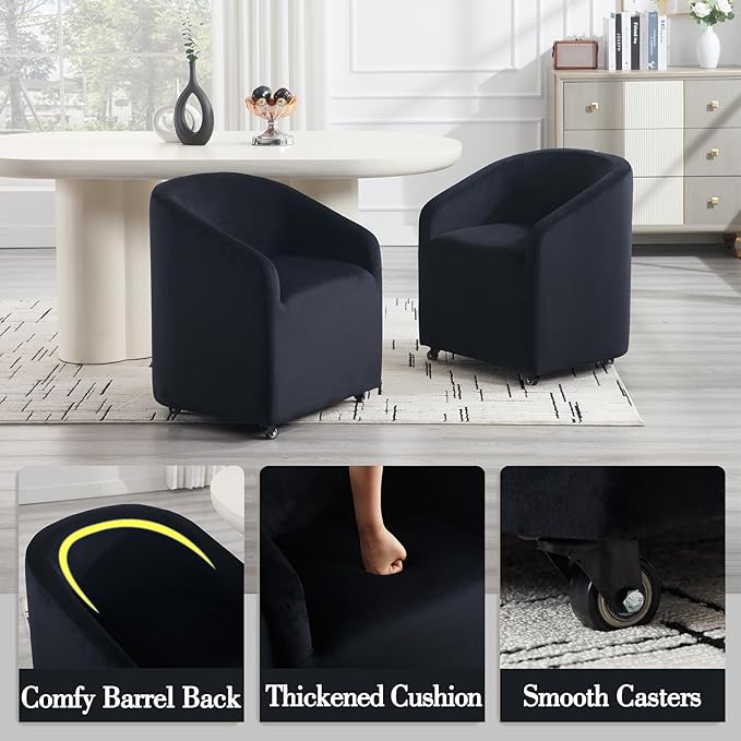 Modern Barrel Dining Chair with Rolling Casters, Upholstered Velvet Swivel Dining Room Chair with Wheels for Kitchen Living Room Home Office, Black