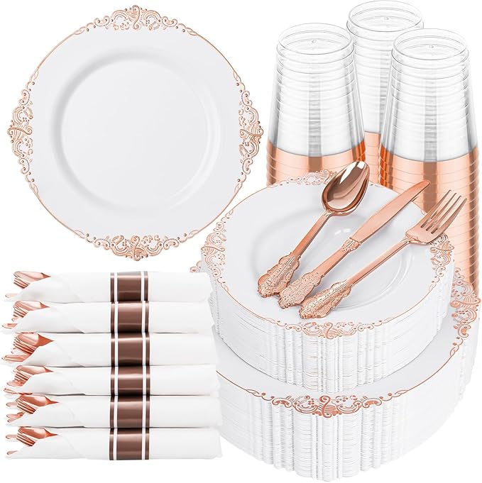 350 Pcs Rose Gold Plates for Party | Elegant Dinnerware for 50 Guests, Includes by Hioasis