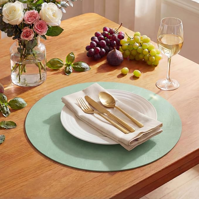 Artoid Mode Sage Faux Leather Placemats Set of 4, 15 Inch Waterproof Wipeable Heat Resistant Vinyl Place Mats, Reversible Table Mats for Spring Kitchen Dining Decor